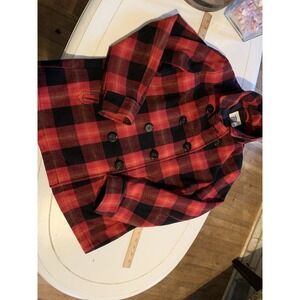Old Navy Women's Red Black Plaid Wool Blend Double Breasted Peacoat Coat Sz Lg